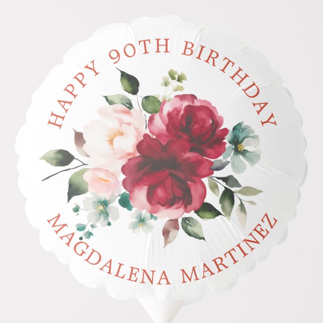Happy 90th Birthday Red Pink Floral Custom Balloon (Front)