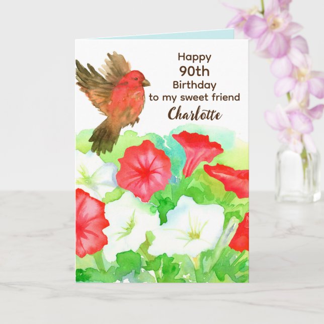 Happy 90th Birthday Special Friend Petunias Finch Card (Orchid)