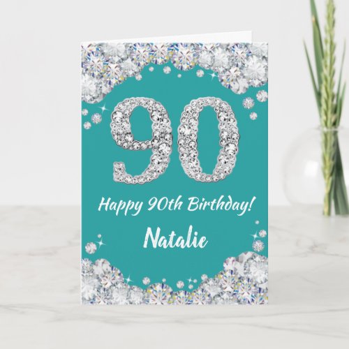 Happy 90th Birthday Teal and Silver Glitter Card