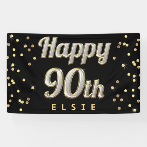 Happy 90th Bling Typography Gold Confetti Black Banner