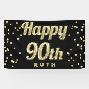 Happy 90th Gold Bling Typography Confetti Black Banner