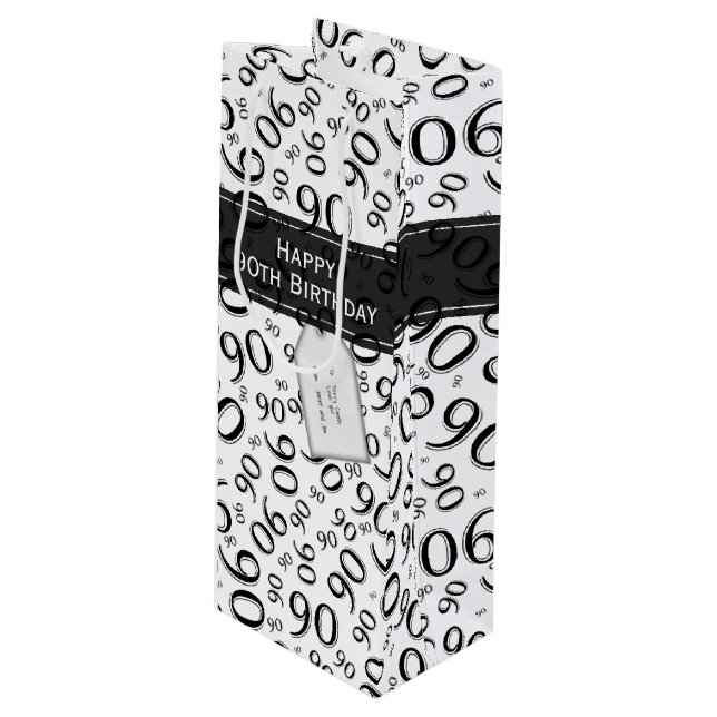 Happy 90th Random Number Pattern Black/White Wine Gift Bag (Front Angled)