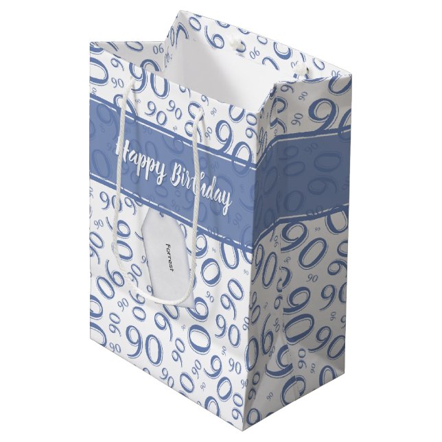 Happy 90th Random Number Pattern Blue/White Medium Gift Bag (Front Angled)