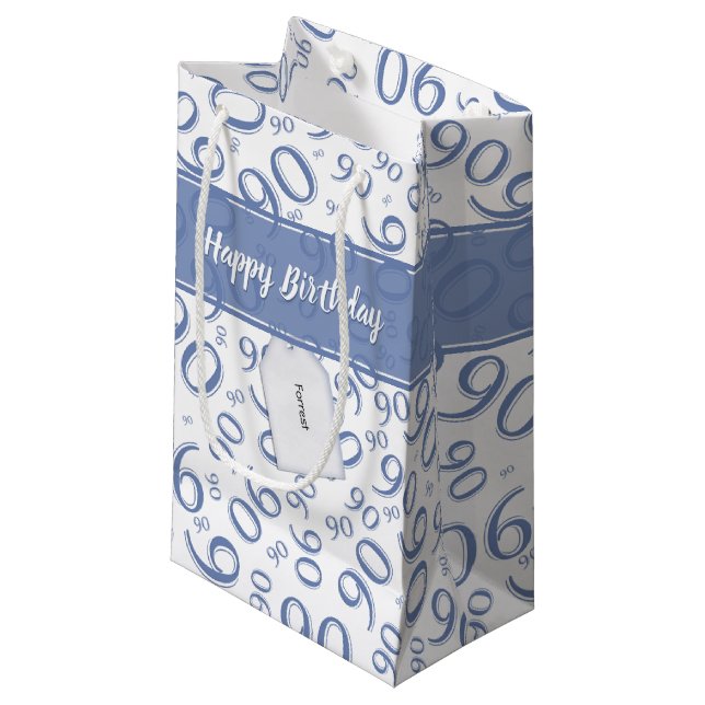 Happy 90th Random Number Pattern Blue/White Small Gift Bag (Front Angled)