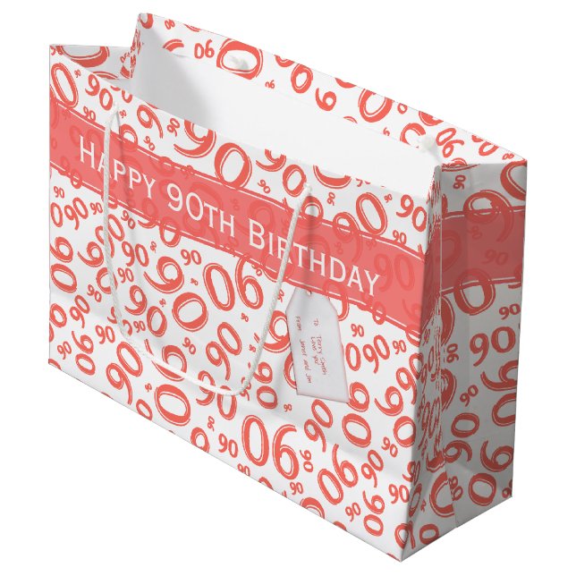 Happy 90th Random Number Pattern Coral/White Large Gift Bag (Front Angled)