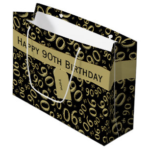 Happy 90th Random Number Pattern Gold/Black Large Gift Bag