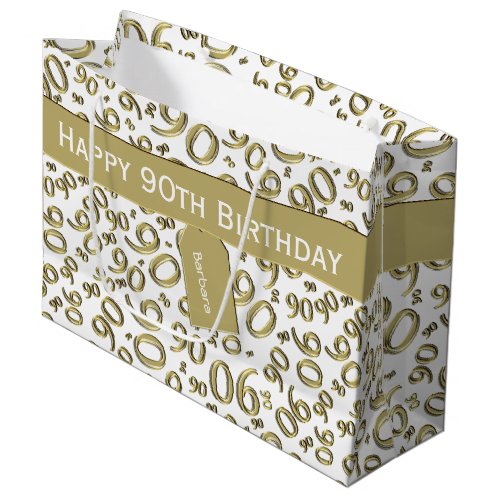 Happy 90th Random Number Pattern GoldWhite Large Gift Bag