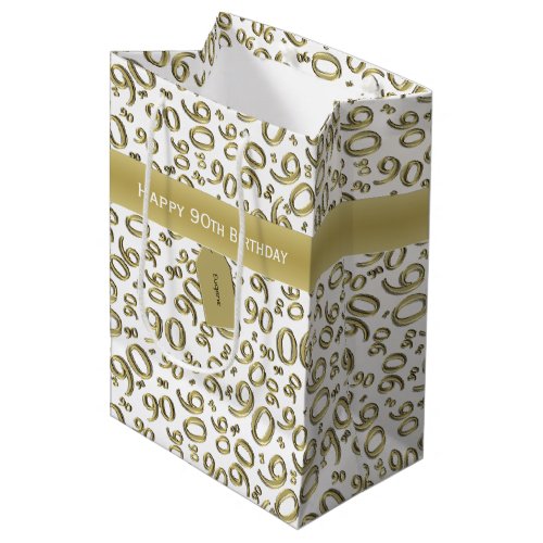 Happy 90th Random Number Pattern GoldWhite Medium Gift Bag