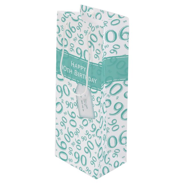 Happy 90th Random Number Pattern Teal/White Wine Gift Bag (Front Angled)