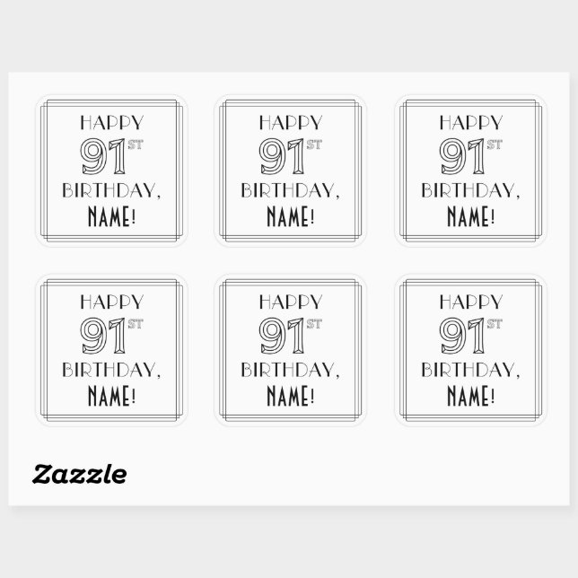 HAPPY 91ST BIRTHDAY, Art Deco Style, Custom Name Square Sticker (Sheet)