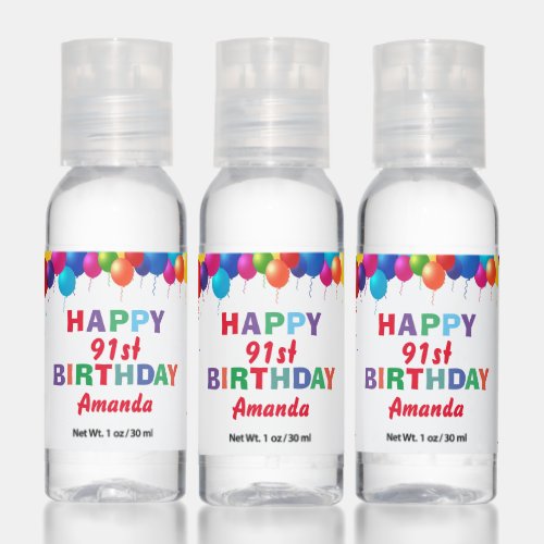 Happy 91st Birthday Colorful Balloons Confetti Hand Sanitizer
