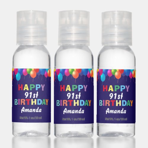 Happy 91st Birthday Colorful Balloons Navy Blue Hand Sanitizer