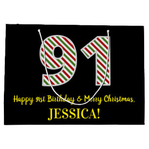 Happy 91st Birthday & Merry Christmas, Custom Name Large Gift Bag