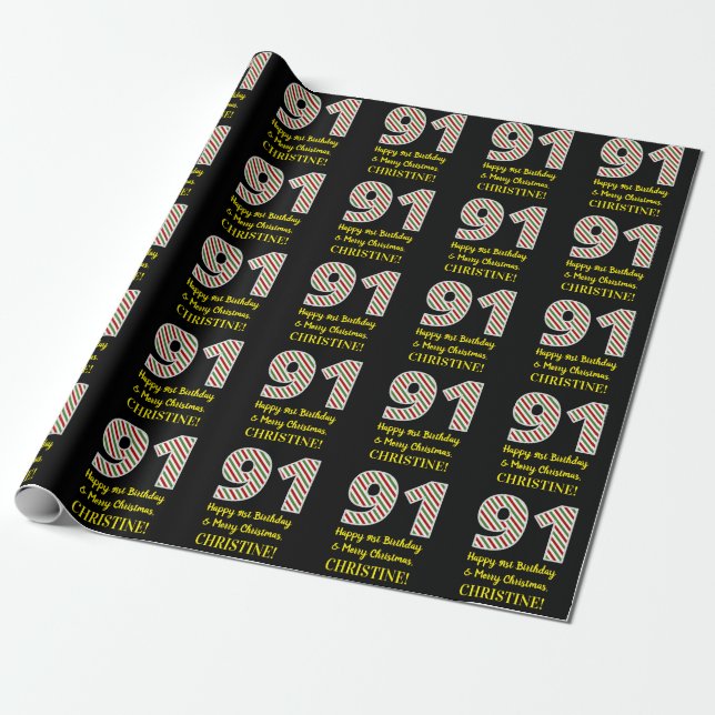Happy 91st Birthday & Merry Christmas, Custom Name Wrapping Paper (Unrolled)