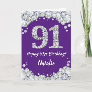Happy 91st Birthday Purple and Silver Glitter Card