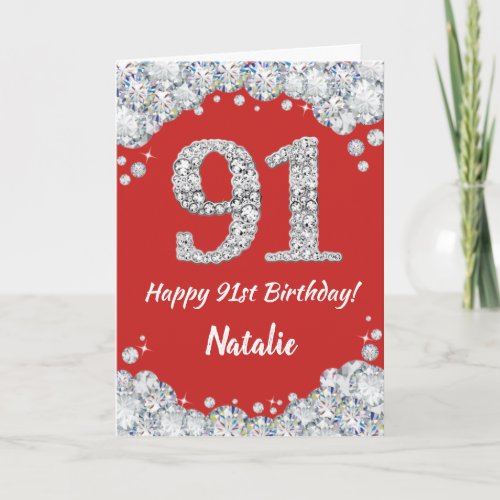 Happy 91st Birthday Red and Silver Glitter Card