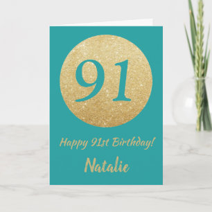 Happy 91st Birthday Teal and Gold Glitter Card