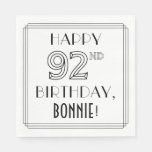 [ Thumbnail: Happy 92nd Birthday; Art Deco Style; Custom Name Napkins ]