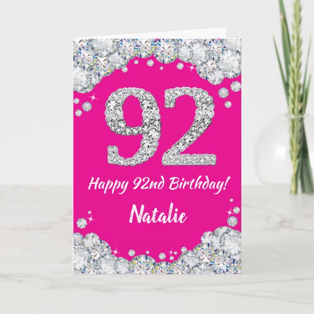 Happy 92nd Birthday Hot Pink and Silver Glitter Card (Front)