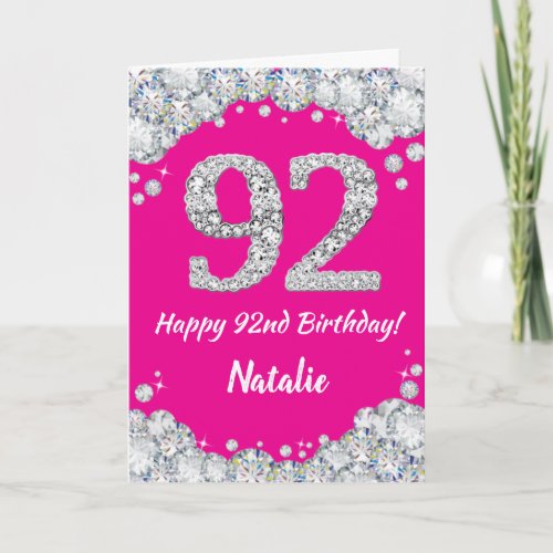 Happy 92nd Birthday Hot Pink and Silver Glitter Card