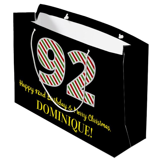 Happy 92nd Birthday & Merry Christmas, Custom Name Large Gift Bag (Back Angled)