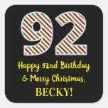 [ Thumbnail: Happy 92nd Birthday & Merry Christmas, Custom Name Sticker ]