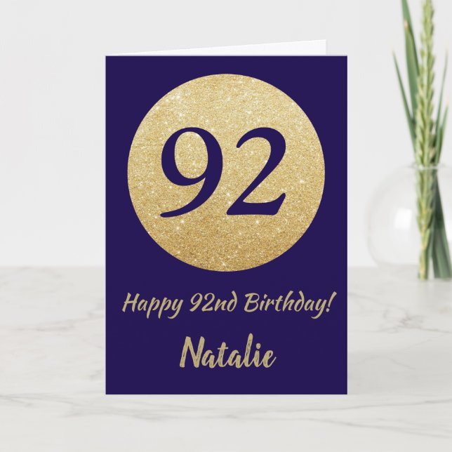 Happy 92nd Birthday Navy Blue and Gold Glitter Card (Front)