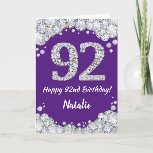 Happy 92nd Birthday Purple and Silver Glitter Card