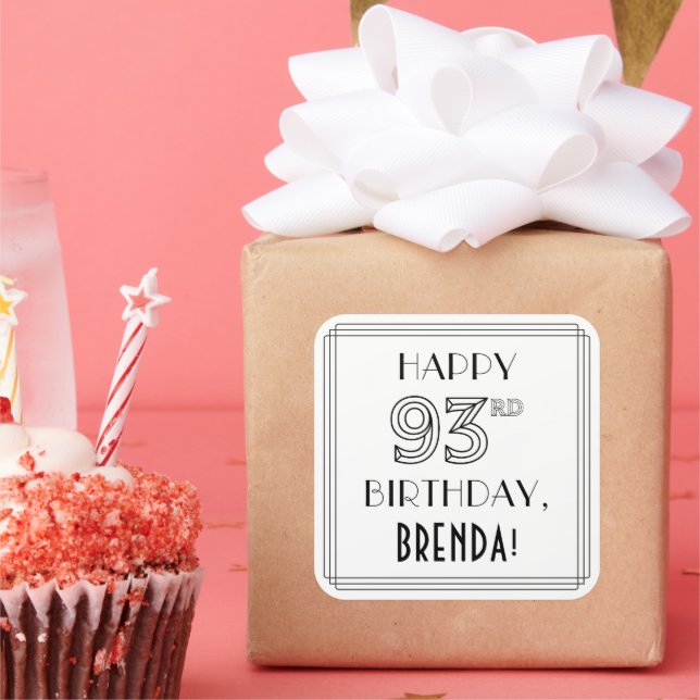 HAPPY 93RD BIRTHDAY, Art Deco Style, Custom Name Square Sticker (Party)