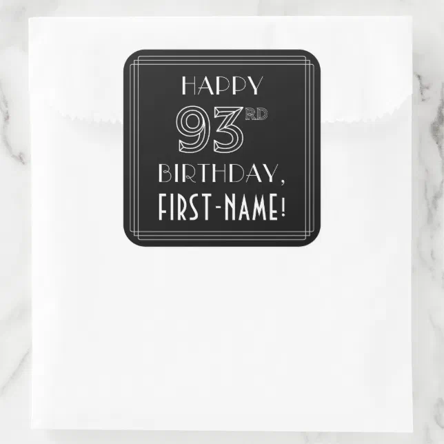 HAPPY 93RD BIRTHDAY; Art Deco Style; Custom Name Square Sticker | Zazzle