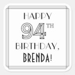 [ Thumbnail: Happy 94th Birthday, Art Deco Style, Custom Name Sticker ]