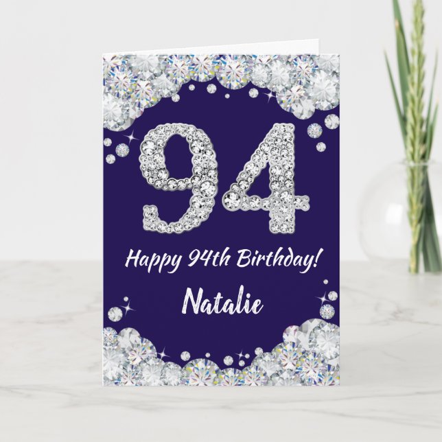 Happy 94th Birthday Navy Blue and Silver Glitter Card (Front)