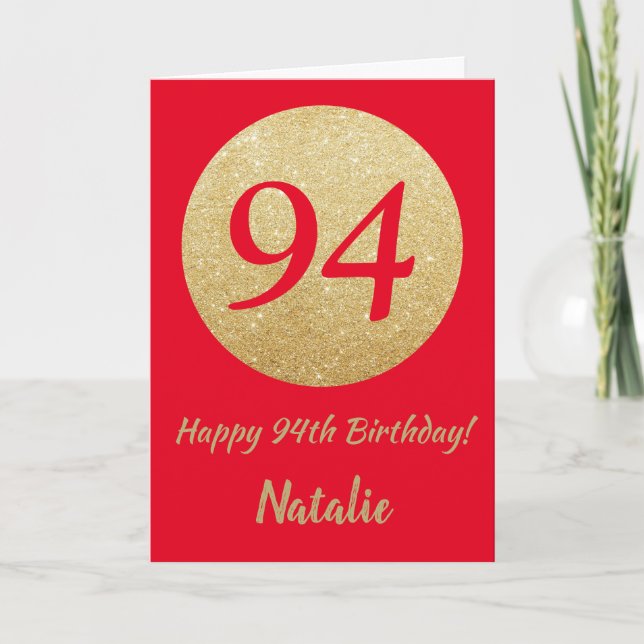 Happy 94th Birthday Red and Gold Glitter Card (Front)