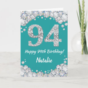 Happy 94th Birthday Teal and Silver Glitter Card