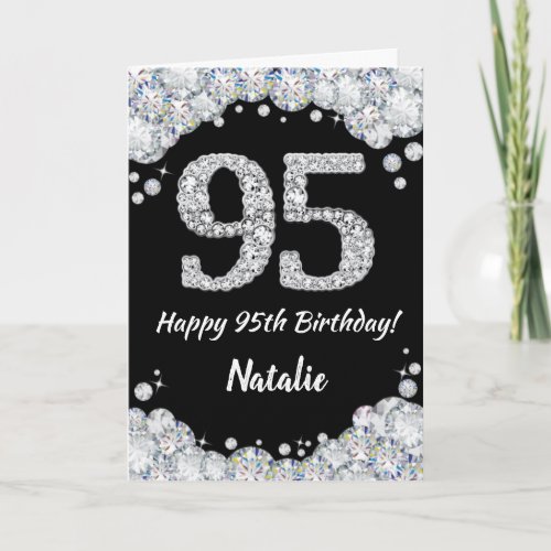 Happy 95th Birthday Black and Silver Glitter Card