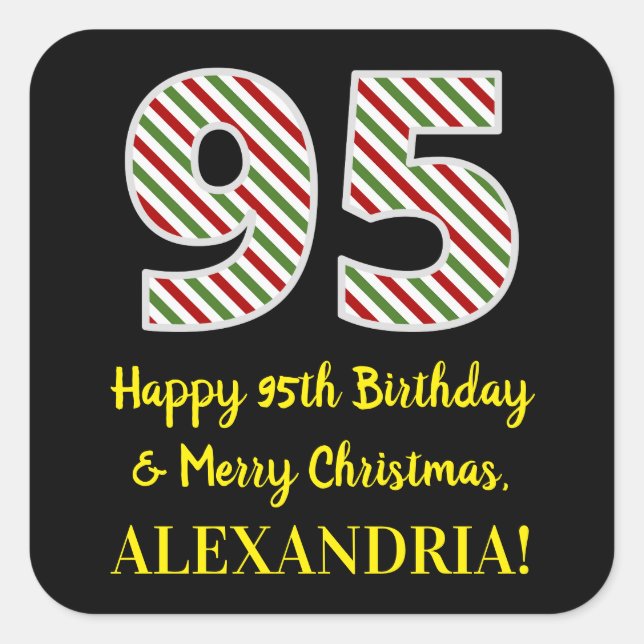 Happy 95th Birthday & Merry Christmas, Custom Name Square Sticker (Front)