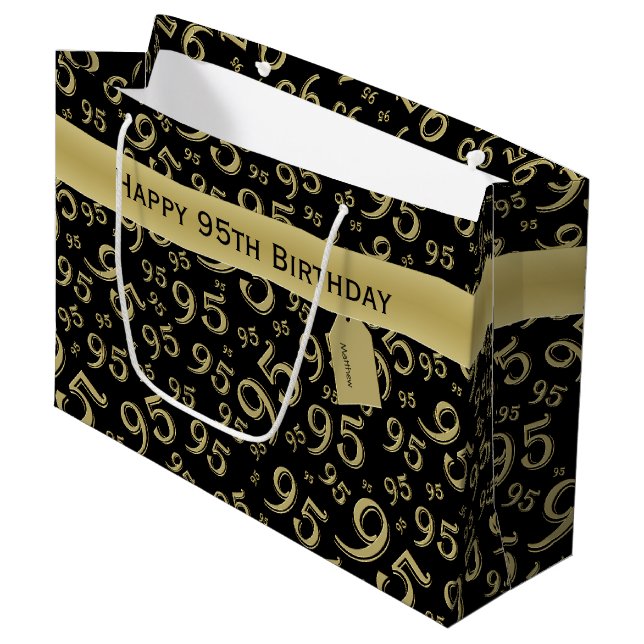 Happy 95th Random Number Pattern Black/Gold Large Gift Bag (Front Angled)