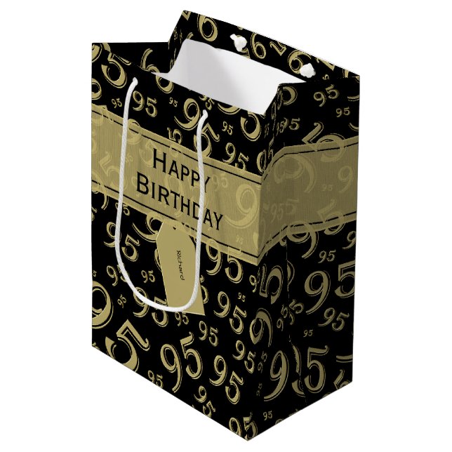 Happy 95th Random Number Pattern Black/Gold Medium Gift Bag (Front Angled)