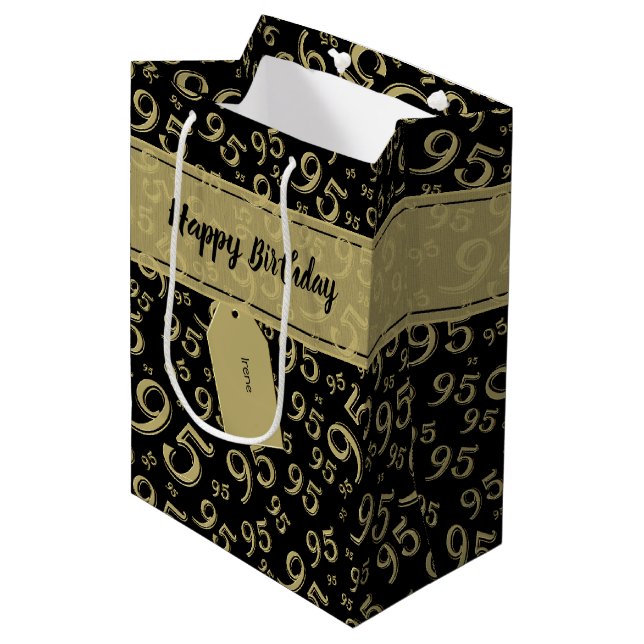 Happy 95th Random Number Pattern Black/Gold Medium Gift Bag (Front Angled)