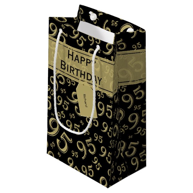 Happy 95th Random Number Pattern Black/Gold Small Gift Bag (Front Angled)