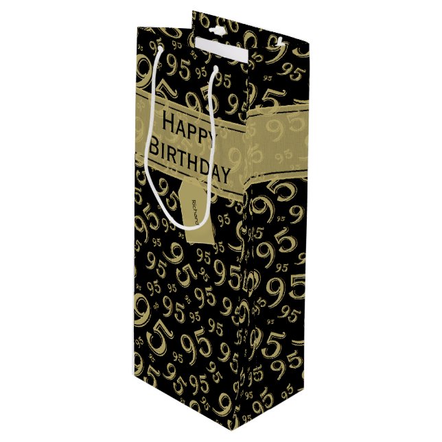 Happy 95th Random Number Pattern Black/Gold Wine Gift Bag (Front Angled)