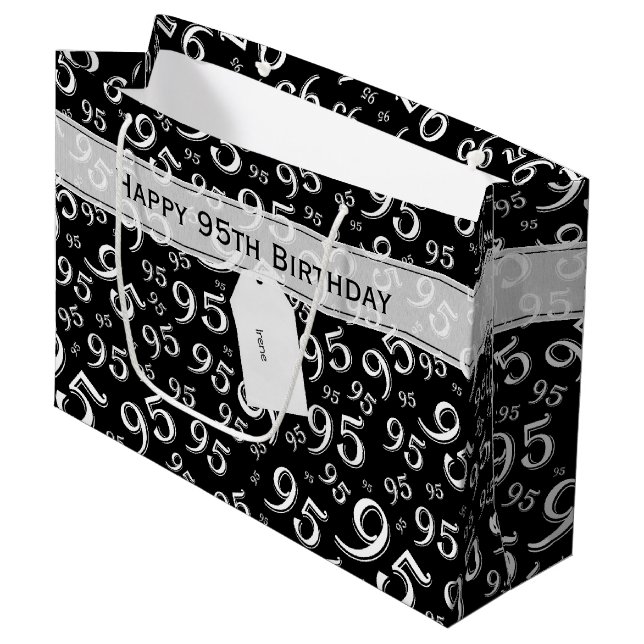 Happy 95th Random Number Pattern Black/White Large Gift Bag (Front Angled)