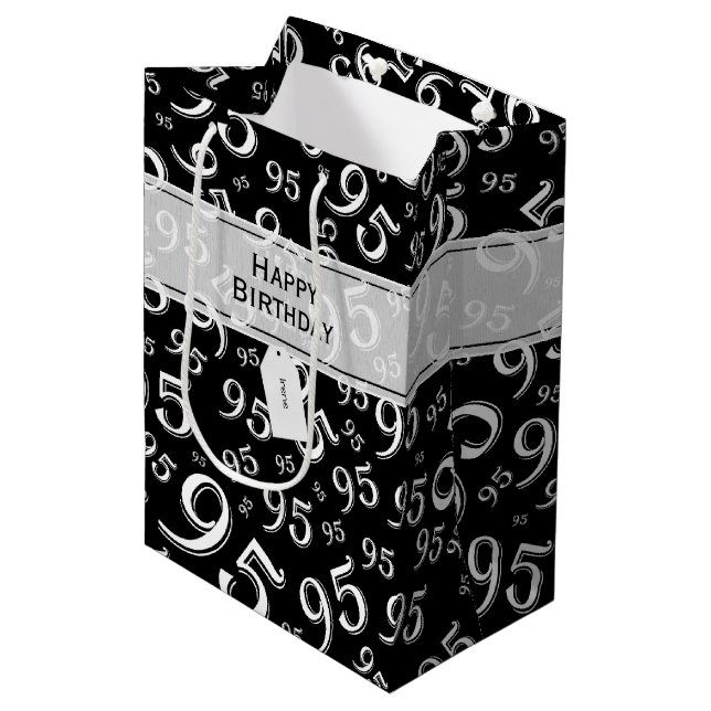 Happy 95th Random Number Pattern Black/White Medium Gift Bag (Front Angled)