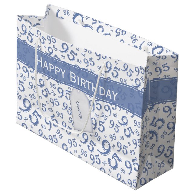 Happy 95th Random Number Pattern Blue/White Large Gift Bag (Front Angled)