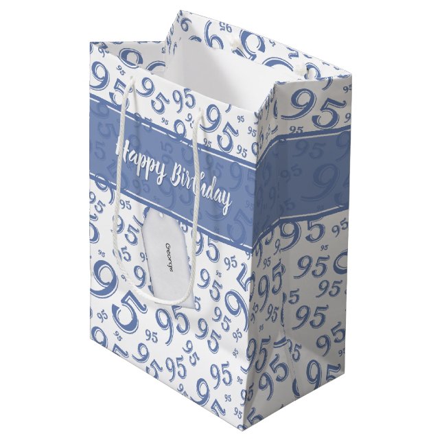 Happy 95th Random Number Pattern Blue/White Medium Gift Bag (Front Angled)