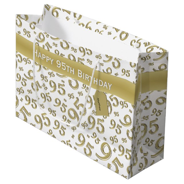 Happy 95th Random Number Pattern Gold/White Large Gift Bag (Front Angled)
