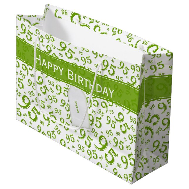 Happy 95th Random Number Pattern Green/White Large Gift Bag (Front Angled)