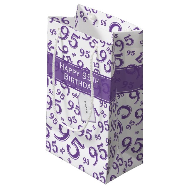 Happy 95th Random Number Pattern Purple/White Small Gift Bag (Front Angled)