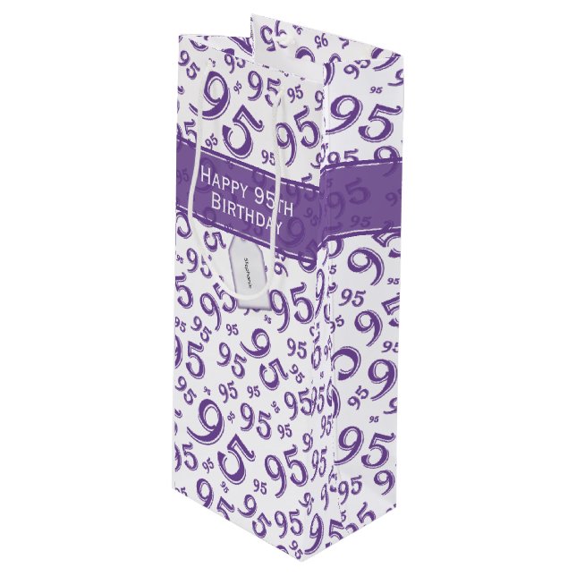 Happy 95th Random Number Pattern Purple/White Wine Gift Bag (Front Angled)