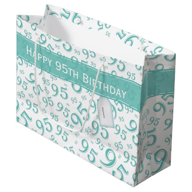 Happy 95th Random Number Pattern Teal/White Large Gift Bag (Front Angled)